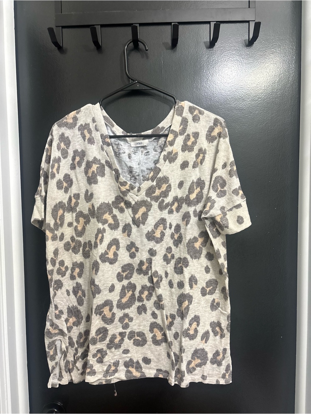 Cherish Leopard Print V-Neck Short Sleeve Top - Taupe & Gray